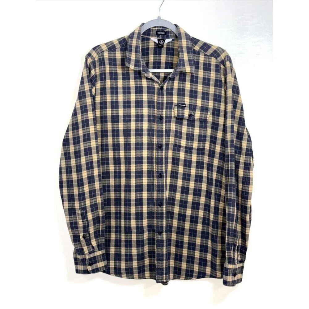 Volcom Modern Fit Men's Cotton Plaid Button Up Shirt Pocket Large Yellow & Blue